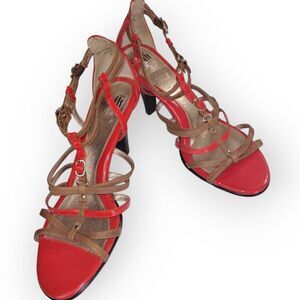 Sofft‎ Womens Heels Sz 11 Red Tan Strappy Buckles 3" High Patent Leather Comfort
